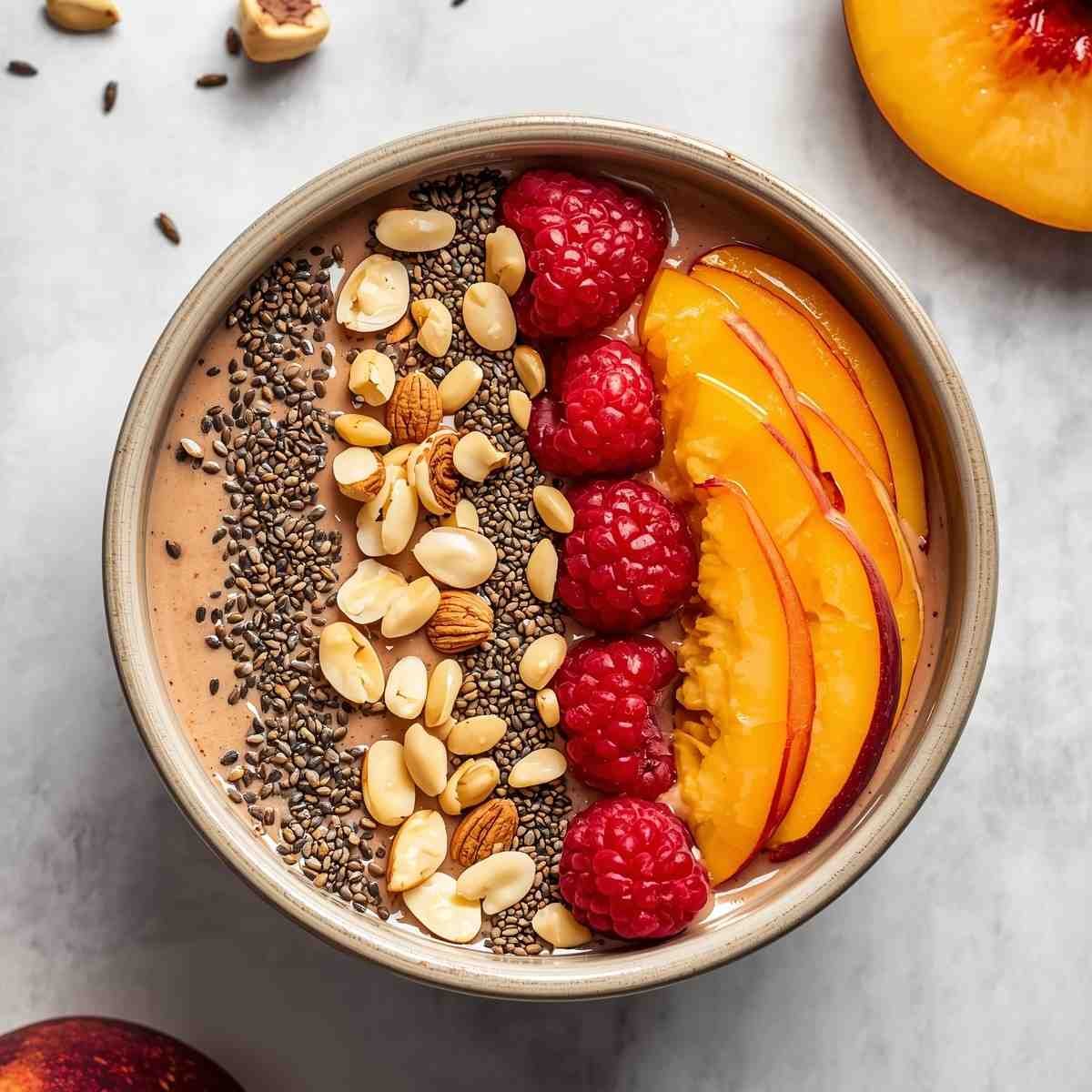 Tropical Raspberry Peach Mango Smoothie Bowl