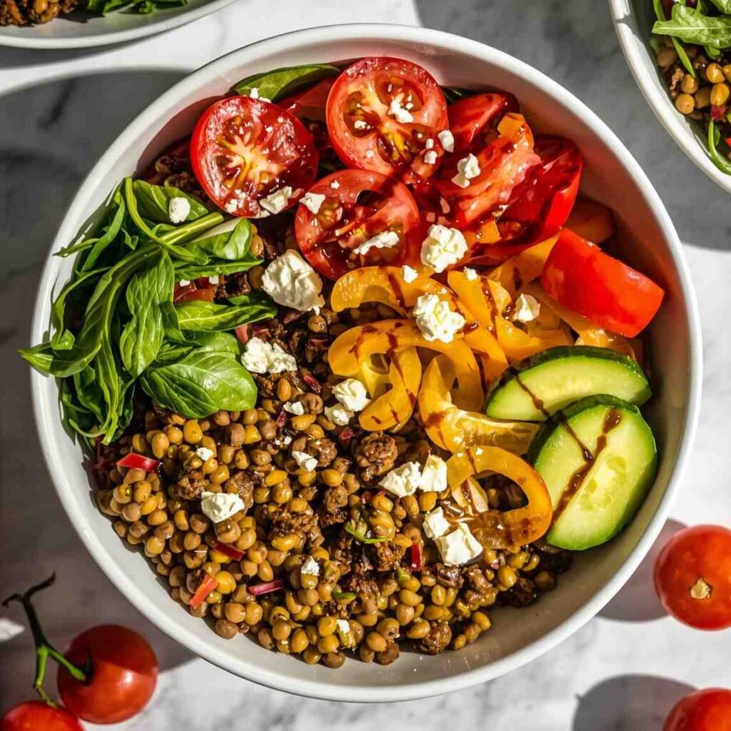 Lentil Veggie and Feta Rainbow Salad