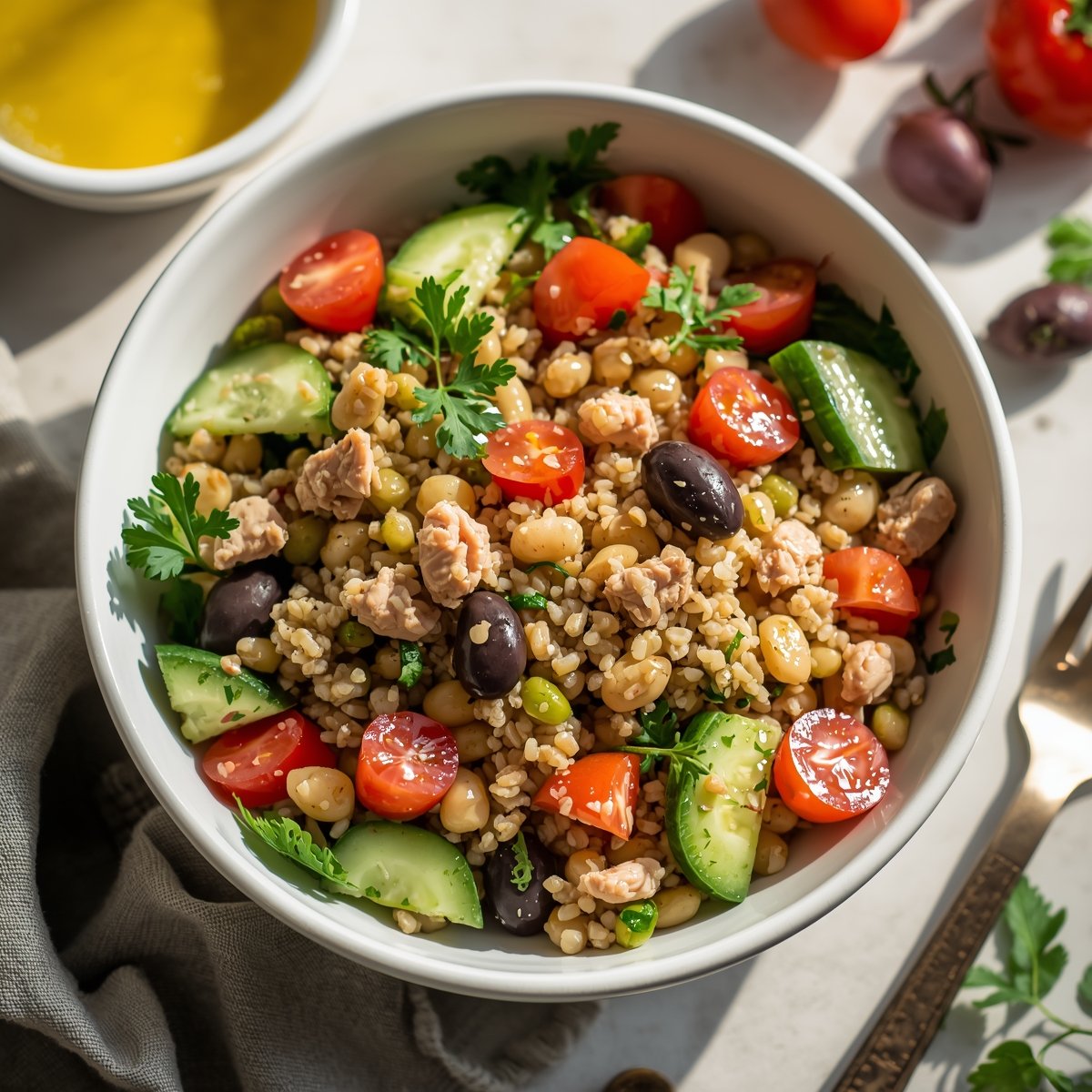 High-Protein Bulgur Wheat and Tuna Mediterranean Salad