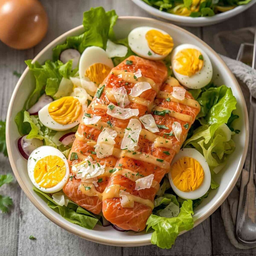 Grilled Salmon Caesar Salad with Eggs