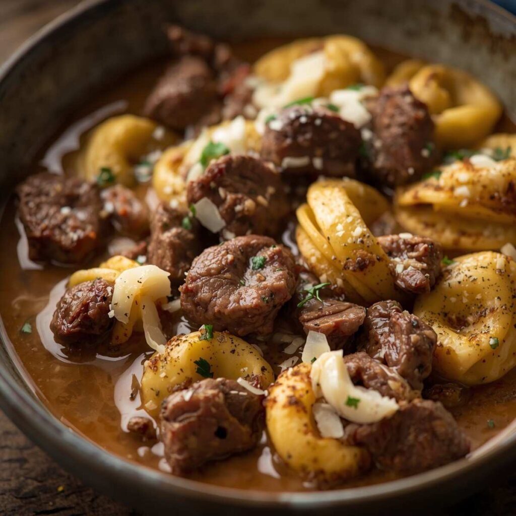 One-Pan Steak Tortellini with Creamy Garlic Sauce