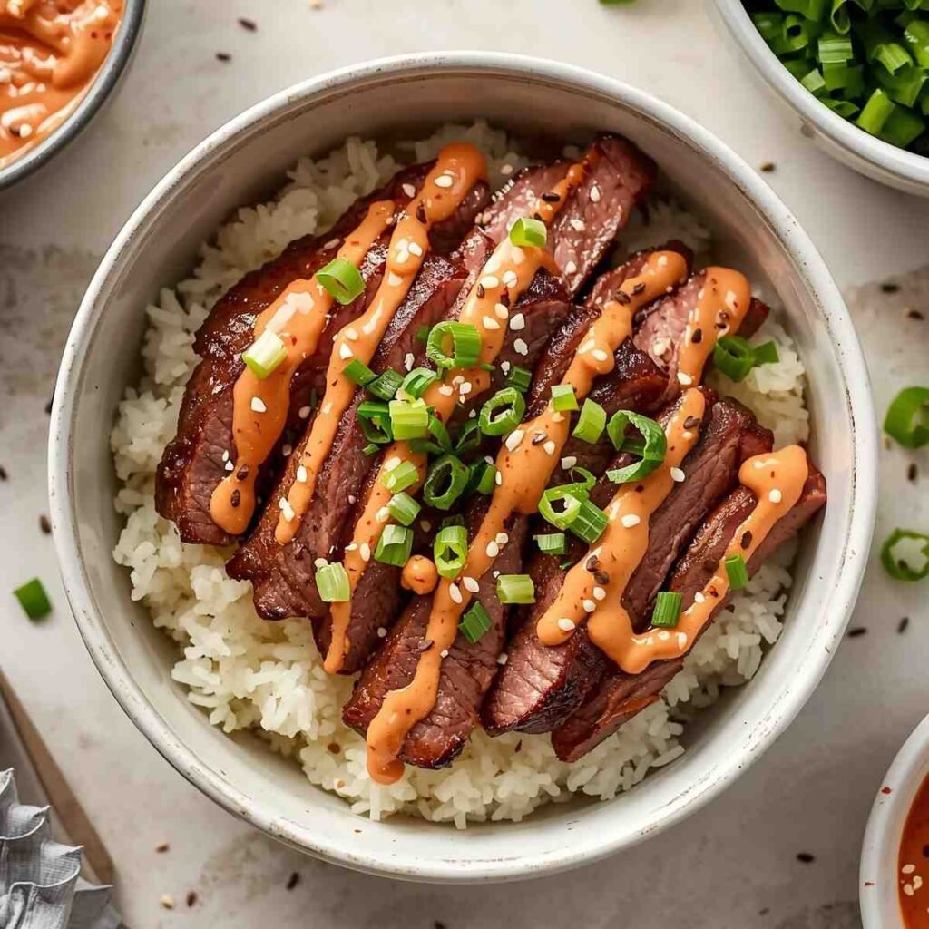 Korean BBQ Steak Rice Bowls with Spicy Cream Sauce