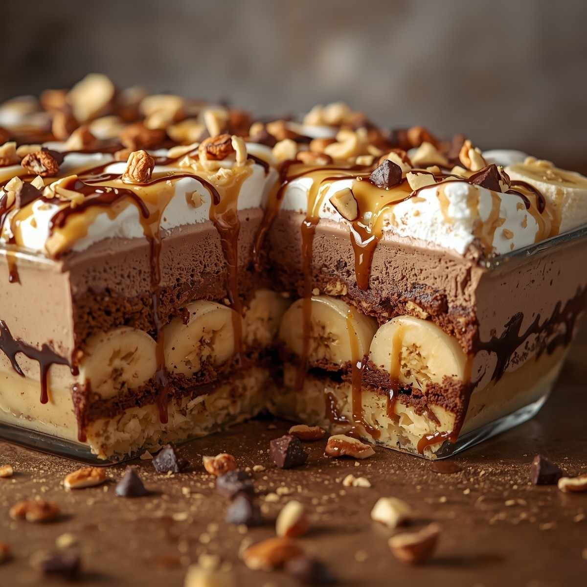 No-Bake Banana Chocolate Peanut Butter Caramel Ice Cream Cake