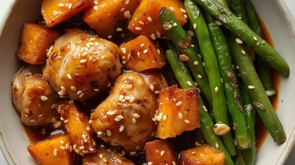 Honey Garlic Chicken with Sweet Potatoes & Green Beans