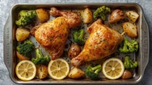 Sheet Pan Lemon Garlic Chicken with roasted baby potatoes & broccoli